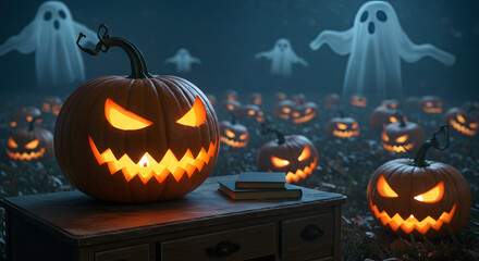 Halloween pumpkin with glowing face spooky ghost decorations eerie night scene with haunted ambiance festive outdoor scene for seasonal celebration