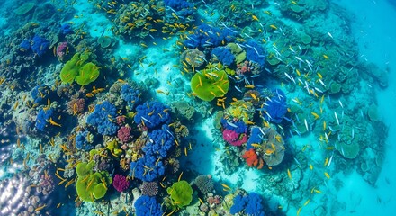 Vibrant coral reef teeming with fish life and colorful formations