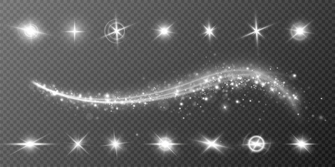 Light effects.Wind glare, explosions, shine, dust, lines, solar flares, sparks, sequins, stars, curved curls. Glow special effect of light