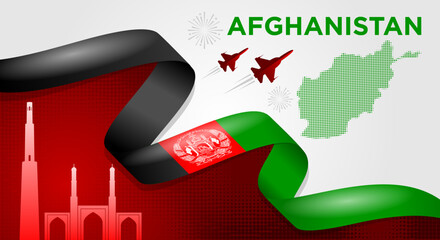 Afghanistan Independence Day Celebration Banner with National Ribbon, Map, and Monuments