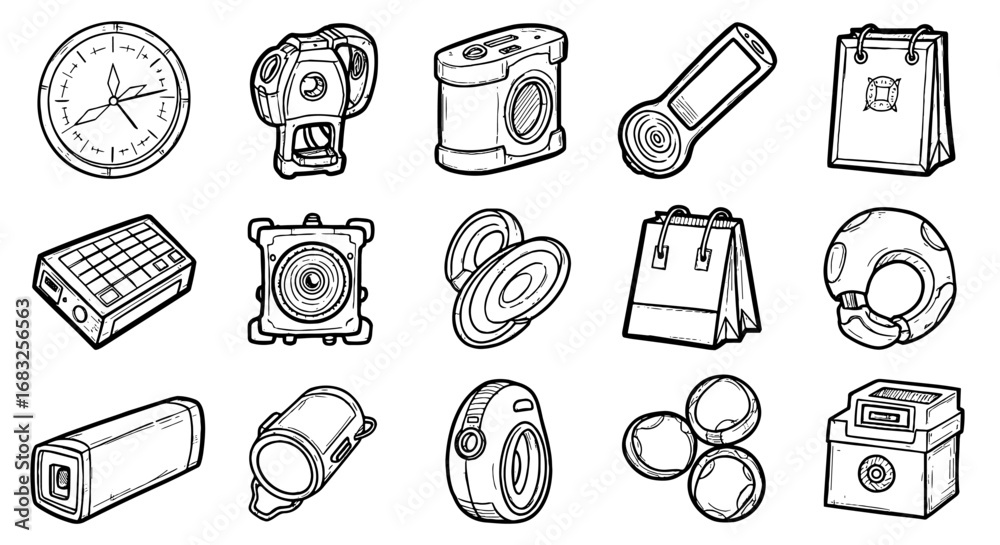 Wall mural line sketch random object icon set. hand drawn doodle sketch drawing line clock, speakers, bag, toy 