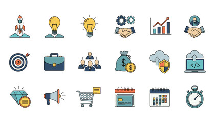Business and Startup Icons, Project Management Flat Design Vector Symbol Collection