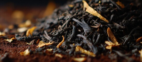 Close-up of black tea with orange zest