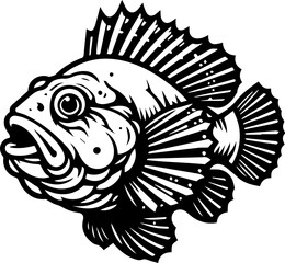 Obraz premium Detailed black and white illustration of a fish with prominent fins and open mouth in a vector format