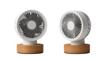 Two Modern White Desk Fans with Wooden Bases electric fan isolated on a transparent background