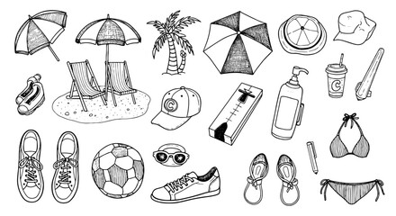 Beach doodle sketch element set. Summer vacation hand drawn icon. Sun, chair, tree, ball, umbrella, clothes. Vector illustration