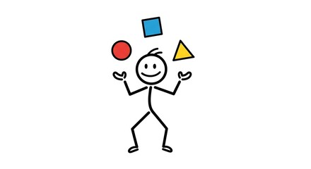 A smiling stick figure character is depicted juggling a red circle, a blue square, and a yellow triangle, symbolizing multitasking or managing diverse elements.