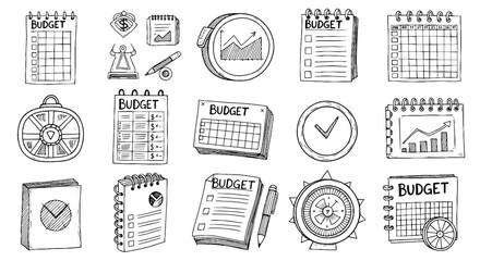 Budget icon set hand drawn sketch. Business finance planning calendar, graph, clock symbol element line. Financial doodle planner art vector illustration.