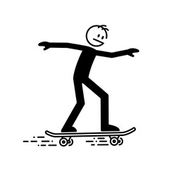 Black stick figure character riding a skateboard with motion lines, depicting a simple illustration of skateboarding action and movement.