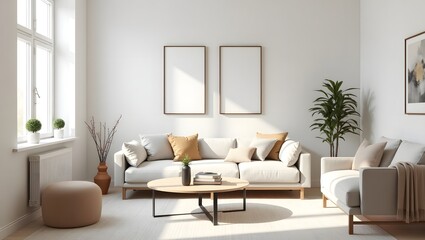 Fototapeta premium A cozy and bright living room interior with a modern design