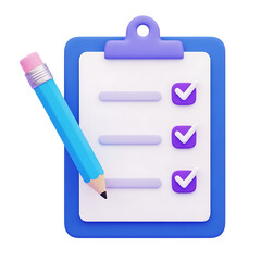 paper clipboard with pencil. 3d notepad, task management concept, todo check list with pen, notes, exam paper checklist icon. 3D Rendering   © HALIMA
