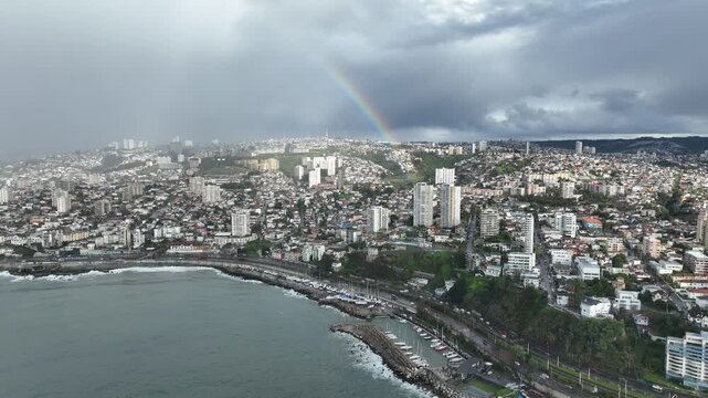 Vina del Mar in Chile with a rainbow. Beautiful aerial image of the coastline.