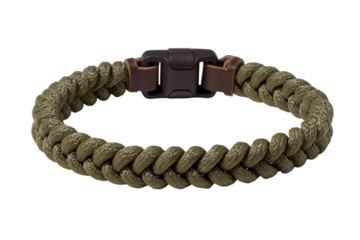 Olive Green Paracord Bracelet with Leather Accents isolated on a transparent background