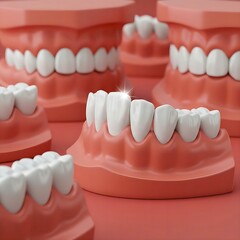 Fototapeta premium anatomical dental models with perfect, straight white teeth and gums, arranged on a surface.