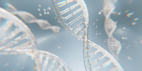 Elegant visualization of DNA molecular structure in a crystal clear style. Ideal for cosmetic innovation, skincare ads, genetic science, and luxury medical presentations.