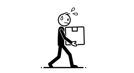 A black and white stick figure illustration depicting a person struggling to carry a heavy cardboard box, showing sweat and effort.
