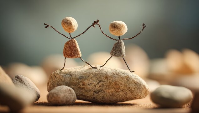 Two stone figurines dancing on a rock