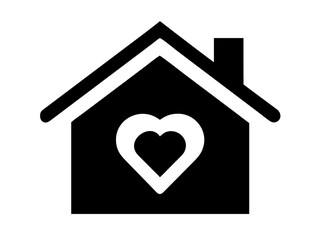 Black house silhouette with a white heart shaped window and chimney on a white background