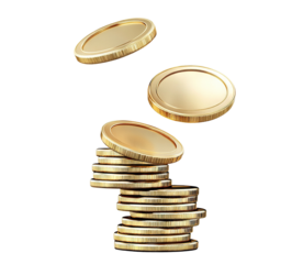 Shiny golden coins bouncing above a stack, isolated on transparent cutout background
