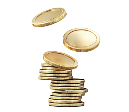 Shiny golden coins bouncing above a stack, isolated on transparent cutout background