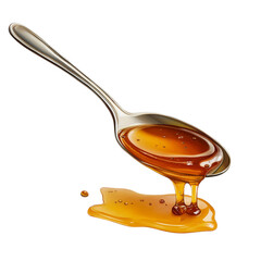Spoon overflowing with amber honey dripping liquid isolated on a transparent background