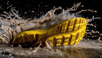 Close-up of a shoe sole leaving a muddy splash