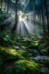 Obraz premium Sunlight streams through a mossy forest
