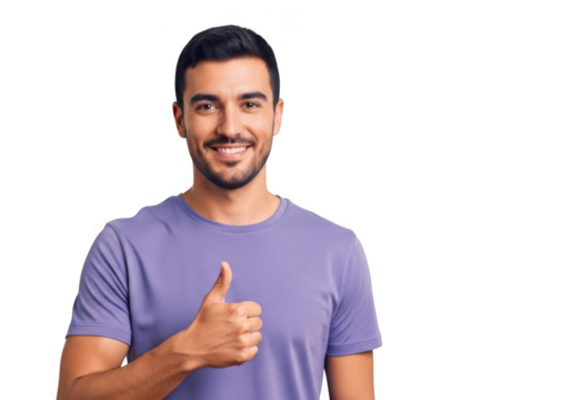 Man with thumbs up gesture smiling winking and wearing a light purple t-shirt transparent background