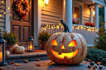 Obraz premium Glowing carved pumpkin on porch with festive halloween decor in autumn evening