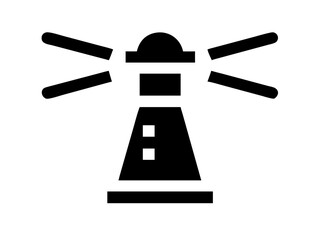 Illustration of a black lighthouse with two windows and light beams on a white background image design