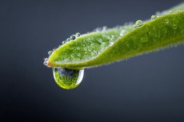 A large dew drop hangs from a green leaf, tip, mirror like reflection and sharp macro detail highlight freshness and early morning garden calm.