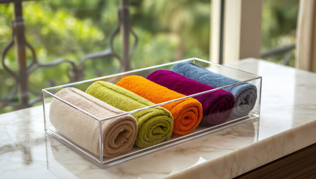 Colorful rolled up towels neatly organized in a clear acrylic container on a windowsill