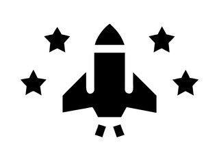 Illustration of a black rocket ship surrounded by five stars on a white background design element