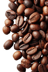 Naklejka premium Top-down view of scattered coffee beans on white background, minimal aesthetic, natural lifestyle theme