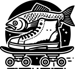Black and white illustration of a fish above a boot on a skateboard in a circular frame design