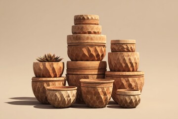Stacked rustic planters form a balanced still life, carved, surfaces and warm light hint at craft heritage and natural home decor ideas.