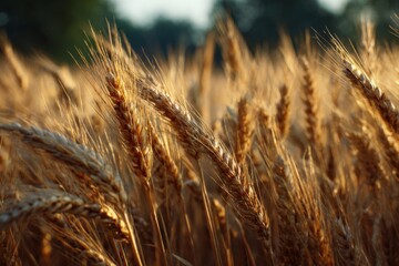 Fototapeta premium Wheat ears glow in evening light, shallow depth reduces, distractions and lifts texture as the crop matures before harvest natural.