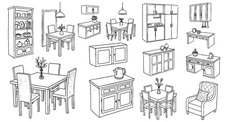 Line sketch interior furniture set. Hand drawn sketch table, chair, cabinet element. Pen line home decor room setting. Vector illustration