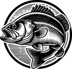 Illustration of a detailed black and white bass fish inside a circular frame with line art style design