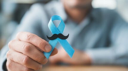 Support for prostate cancer awareness with blue ribbon and mustache symbol in a personal setting