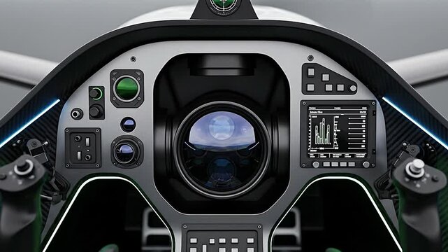 Close-up of Advanced Flight Simulator Cockpit with Modern Controls and High-Tech Instrument Panel, Featuring Digital Displays, Buttons, and Joysticks for Realistic Pilot Experience, Suitable for