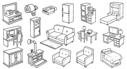 Furniture line sketch set: couches, desks, beds, cabinets, and lamps for home and office decor.