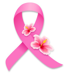 Pink ribbon design with watercolor of flowers. Breast cancer awareness illustration.