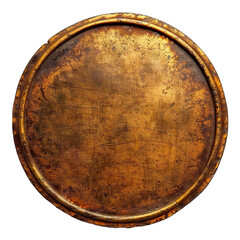 Vintage round golden nameplate with worn and scratched surface, isolated on transparent cutout background
