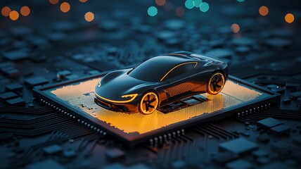  Futuristic electric car model on microchip symbolizing modern technology and innovation in automotive industry
