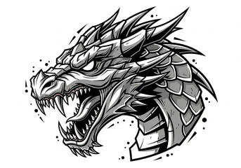Fierce grayscale dragon head roaring with sharp teeth and powerful scales, perfect for gaming or fantasy themes