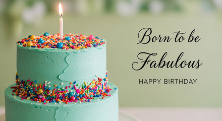 Two-layered teal cake with colorful sprinkles and candle, "Born to be Fabulous" text, happy birthday message, celebratory image, ideal for birthday greetings