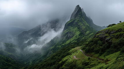 Misty Emerald Mountain Peak in Clouds