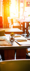 Sunny empty restaurant interior with no people tables sun restaurant