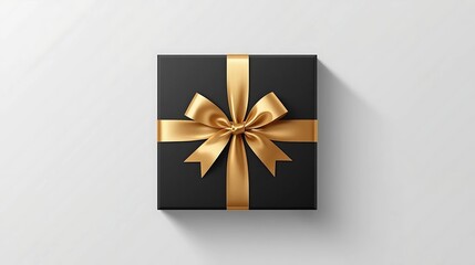 The most elegant gift box, matte black surface with a shiny golden ribbon, placed on a luxurious black and gold background, cinematic lighting, high detail